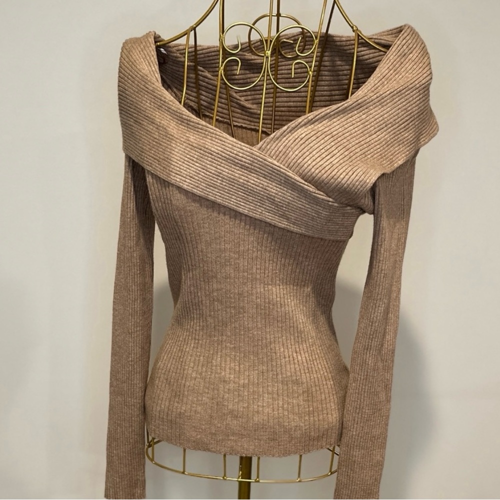 Anthropologie Tan Off-the-Shoulder Sweater with Ribbed Texture